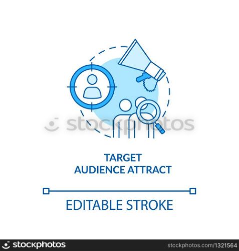Target audience search and attraction concept icon. Marketing strategy idea thin line illustration. Product and studio promotion. Vector isolated outline RGB color drawing. Editable stroke