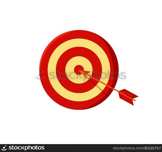 Target board and arrow, poster with dartboard and center, aim boards of stripped pattern of red and white colors, isolated on vector illustration. Target Board and Arrow Poster Vector Illustration