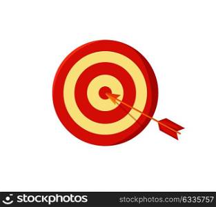 Target board and arrow, poster with dartboard and center, aim boards of stripped pattern of red and white colors, isolated on vector illustration. Target Board and Arrow Poster Vector Illustration