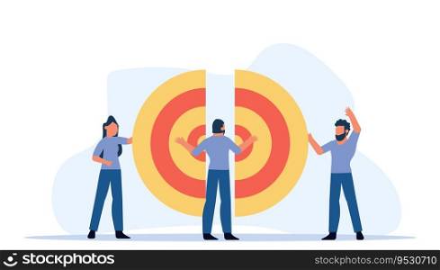 Target business puzzle concept vector illustration teamwork people. Businessman team strategy communication success. Idea jigsaw piece symbol. Connection goal cooperation partnership support together