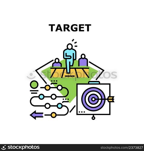 Target Business Vector Icon Concept. Manager Businessman Running To Target Business And Goal Success Achievement, Competitive Mission And Championship. Entrepreneur Plan Stages Color Illustration. Target Business Vector Concept Color Illustration