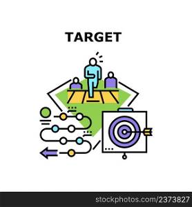 Target Business Vector Icon Concept. Manager Businessman Running To Target Business And Goal Success Achievement, Competitive Mission And Championship. Entrepreneur Plan Stages Color Illustration. Target Business Vector Concept Color Illustration