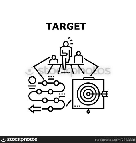 Target Business Vector Icon Concept. Manager Businessman Running To Target Business And Goal Success Achievement, Competitive Mission And Championship. Entrepreneur Plan Stages Black Illustration. Target Business Vector Concept Black Illustration