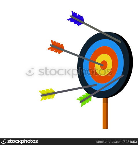 Target for arrows. Shooting and ch&ionship. Cartoon flat illustration. Hit and miss on target. Red and white aim. Competition and victory. Business concept several attempts. Target for arrows. Shooting and ch&ionship.