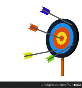 Target for arrows. Shooting and ch&ionship. Cartoon flat illustration. Hit and miss on target. Red and white aim. Competition and victory. Business concept several attempts. Target for arrows. Shooting and ch&ionship.