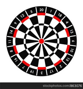 Target for darts game with score points around and red spot in middle. Big black and white aim for game based on accuracy. Piece of equipment to play darts isolated cartoon flat vector illustration.. Target for darts game with score points around
