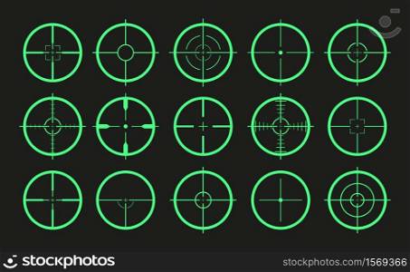Target icon. Crosshair and aim of sniper. Sight for gun, rifle for military. Logo of periscope in army. Shot from weapon in bullseye. Precise crosshair in game. Cross, dot in focus for optical. Vector. Target icon. Crosshair and aim of sniper. Sight for gun, rifle for military. Logo of periscope in army. Shot from weapon in bullseye. Precise crosshair in game. Cross, dot for optical lens. Vector.