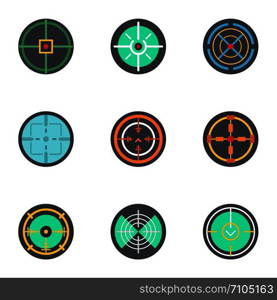 Target icon set. Flat set of 9 target vector icons for web design. Target icon set, flat style