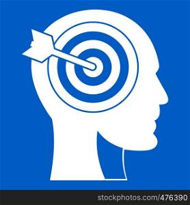 Target in human head icon white isolated on blue background vector illustration. Target in human head icon white