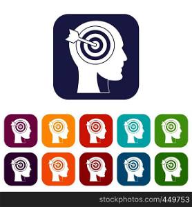 Target in human head icons set vector illustration in flat style In colors red, blue, green and other. Target in human head icons set flat