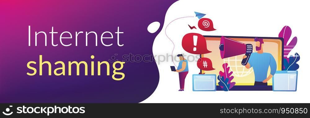Target individual with laptop attacked online by user with megaphone. Internet shaming, online harassment, cyber crime action concept. Header or footer banner template with copy space.. Internet shaming concept banner header.