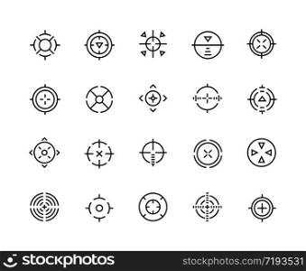 Target line icons. Aim for sniper shot, military sign and shooter game bullseye mark, accuracy cursor. Vector graphics cross and circles symbols for gun shot on white. Target line icons. Aim for sniper shot, military sign and shooter game bullseye mark, accuracy cursor. Vector cross and circles symbols
