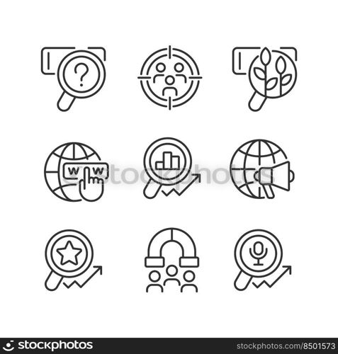 Target market analysis pixel perfect linear icons set. Customers attracting to business. Worldwide marketing. Customizable thin line symbols. Isolated vector outline illustrations. Editable stroke. Target market analysis pixel perfect linear icons set