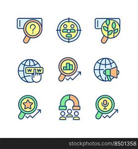 Target market analysis pixel perfect RGB color icons set. Customers attracting to business. Worldwide marketing. Isolated vector illustrations. Simple filled line drawings collection. Editable stroke. Target market analysis pixel perfect RGB color icons set