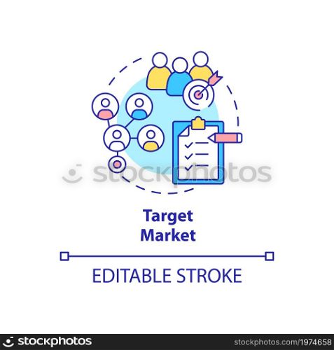 Target market concept icon. Identify segment of potential clients. Company customers. Business model abstract idea thin line illustration. Vector isolated outline color drawing. Editable stroke. Target market concept icon