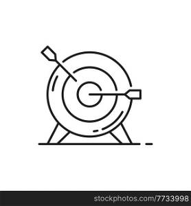 Target with arrow, standing on tripod isolated outline icon. Vector goal achieve concept, archery hit with two arrows, business success and leadership, opportunity and purpose. Aiming bullseye, darts. Arrow in bullseye, target goal, darts on tripod