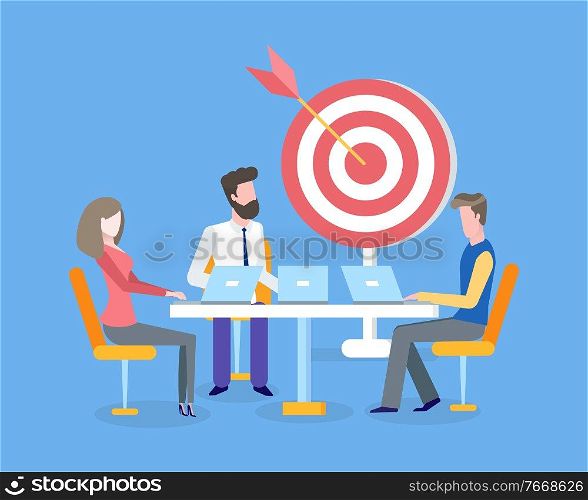Target with arrow, teamwork and business goals achievements vector. Men and woman with laptops, aim and cooperation, programmers and marketologists. Teamwork and Business Goals Achievement, Target