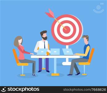 Target with arrow, teamwork and business goals achievements vector. Men and woman with laptops, aim and cooperation, programmers and marketologists. Teamwork and Business Goals Achievement, Target