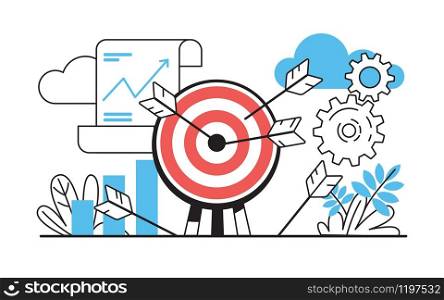 Target with arrows. Business challenge with goals and achievements, project strategy success concept. Vector illustration with arrows hitting target and metaphor objective challenge. Target with arrows. Business challenge with goals and achievements, project strategy concept. Vector illustration with arrows hitting target