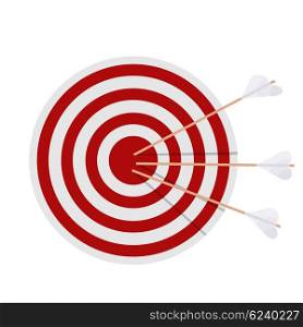 Target with arrows on white background. Cartoon illustration of a target, which was struck &#xA;by three arrows. Stock vector illustration