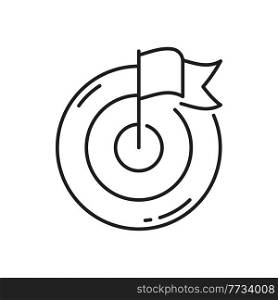 Target with flag in center, reach goal of success, achievement, leadership isolated outline icon. Vector business point of success and aim, leader targeting, victory, bullseye aiming, game complete. Flag target center, aim goal achieved outline icon