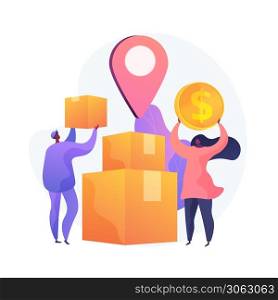 Targeted delivery, express service, shipment. Address shipping, convenient paid service. Deliveryman and addressee cartoon characters. Vector isolated concept metaphor illustration.. Targeted delivery vector concept metaphor.