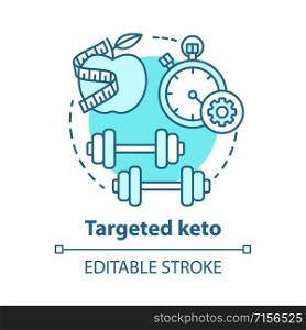 Targeted keto concept icon. Ketogenic food idea thin line illustration. Diet and workout. Healthy meal plan and fitness. Sport, healthy lifestyle. Vector isolated outline drawing. Editable stroke