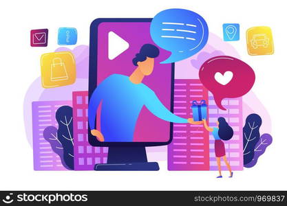 Targeted social media ads. Giveaway promo campaign, SMM. Interactive advertising, clients engagement analytics, effective marketing services concept. Bright vibrant violet vector isolated illustration. Interactive advertising concept vector illustration.