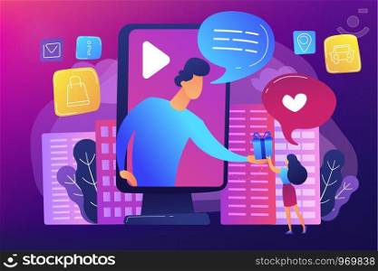 Targeted social media ads. Giveaway promo campaign, SMM. Interactive advertising, clients engagement analytics, effective marketing services concept. Bright vibrant violet vector isolated illustration. Interactive advertising concept vector illustration.