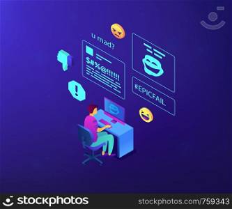 Targeted victim at computer abused and attacked online and cyberbullying. Internet shaming, online harassment, cyber crime action concept. Ultraviolet neon vector isometric 3D illustration.. Internet shaming isometric 3D concept illustration.