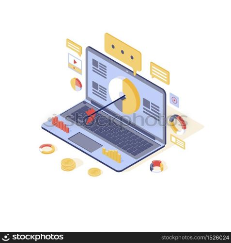 Targeting & content marketing isometric vector illustration. Media audience attraction, lead generation isolated 3d concept. Inbound marketing strategy, advertising campaign, online promotion