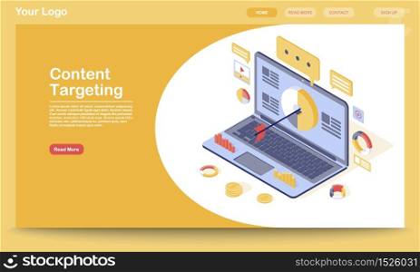 Targeting & content marketing landing page template. Lead generation, audience attraction website interface with flat illustration. SMM, media advertising homepage layout. Web banner, webpage concept