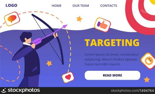 Targeting Horizontal Banner. Businessman Aiming Arrow to Target Board, Social Media Icons. Opportunity, Challenge, Task Solution, Business Strategy. Goal Achievement Cartoon Flat Vector Illustration. Businessman Aiming Arrow to Target Board Challenge