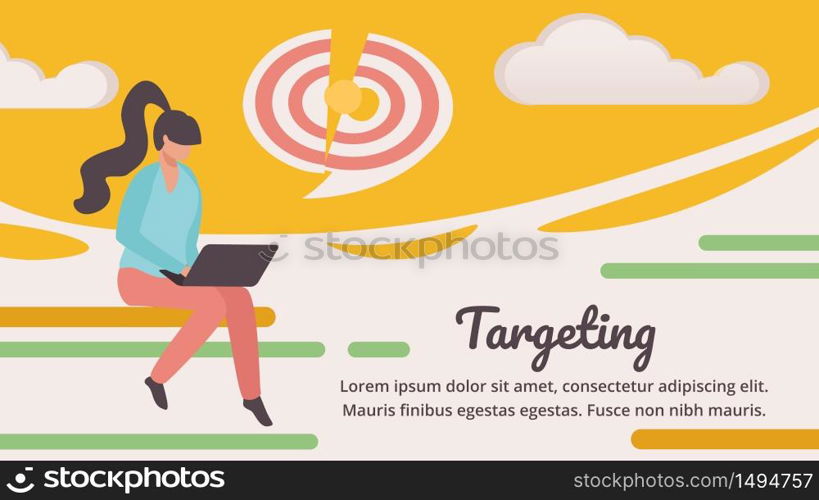 Targeting Horizontal Banner, Woman Working on Laptop, Target Separated on Puzzle Pieces. Business Goals Achievement, Aim, Opportunity and Challenge, Task Solution. Cartoon Flat Vector Illustration. Woman Work on Laptop, Target Separated on Puzzle