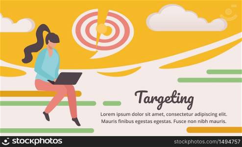 Targeting Horizontal Banner, Woman Working on Laptop, Target Separated on Puzzle Pieces. Business Goals Achievement, Aim, Opportunity and Challenge, Task Solution. Cartoon Flat Vector Illustration. Woman Work on Laptop, Target Separated on Puzzle