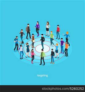 Targeting Isometric Template. Targeting isometric template with people crowd on target and one person in center isolated vector illustration