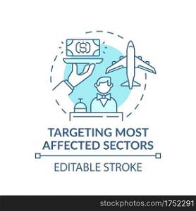 Targeting most affected sectors concept icon. Economic development companies idea thin line illustration. Increasing economic goals. Vector isolated outline RGB color drawing. Editable stroke. Targeting most affected sectors concept icon