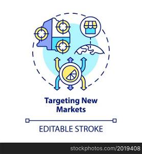 Targeting new markets concept icon. Internal business growth abstract idea thin line illustration. Promotion and advertising of new product. Vector isolated outline color drawing. Editable stroke. Targeting new markets concept icon