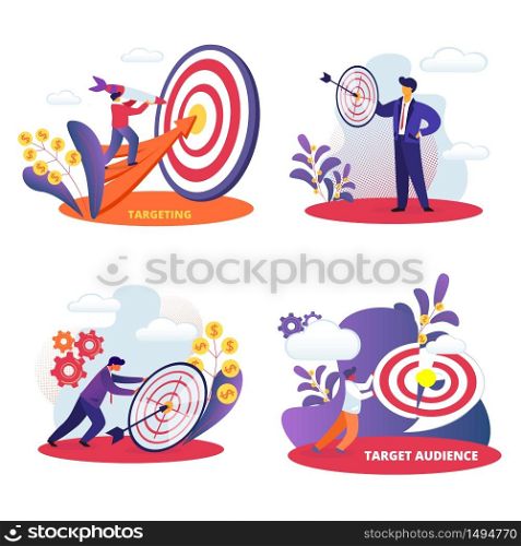 Targeting, Target Audience Set. Aim in Business, Aspirational People Mission Achieved. Challenge, Task Solution, Business Strategy Opportunity, Goals Achievement. Cartoon Flat Vector Illustration. Aspirational People Mission Achieved. Challenge