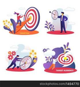 Targeting, Target Audience Set. Aim in Business, Aspirational People Mission Achieved. Challenge, Task Solution, Business Strategy Opportunity, Goals Achievement. Cartoon Flat Vector Illustration. Aspirational People Mission Achieved. Challenge