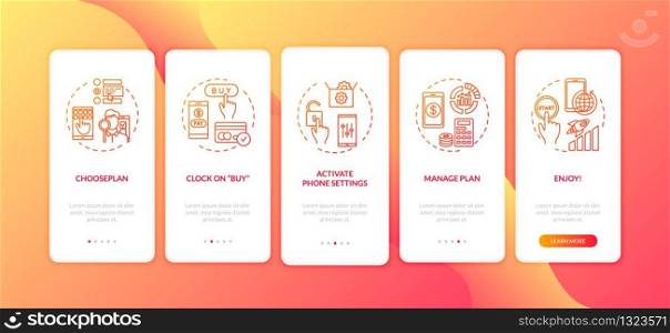 Tariff choice and buying onboarding mobile app page screen with concepts. Mobile settings activation walkthrough 5 steps graphic instructions. UI vector template with RGB color illustrations