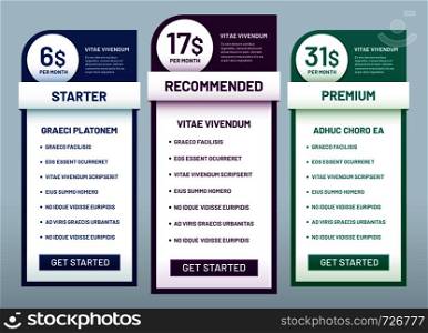 Tariff plans comparison. Recommended tariffs, price list banners and prices plan template. Website business infographics, pricing graphic or comparative columns vector illustration set. Tariff plans comparison. Recommended tariffs, price list banners and prices plan template vector illustration