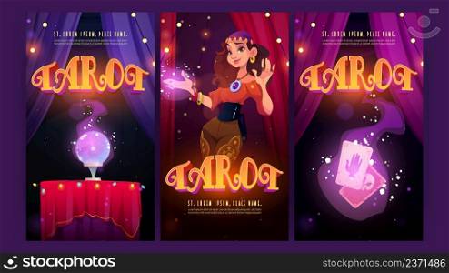 Tarot banners with gypsy fortune teller, ritual cards and magic ball. Vector posters of future predict, cartomancy with cartoon illustration of soothsayer and crystal sphere on table. Tarot banners with gypsy fortune teller