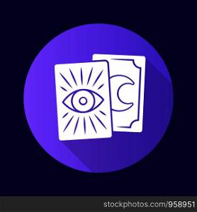 Tarot cards purple flat design long shadow glyph icon. Tarocchi, tarock, oracle cards. Fortune telling, divination, cartomancy. Occultism, witchcraft magical tool. Vector silhouette illustration