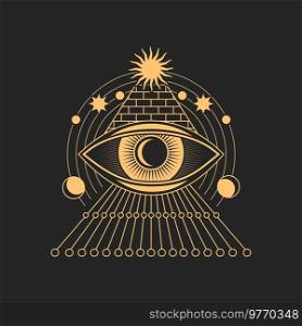 Tarot magic symbol, prediction eye ethnic amulet. Vector tattoo eye with egyptian pyramid, moon and star, occultism vision sign, tribal all seeing eye. Eye tattoo occult and esoteric mason tarot symbol