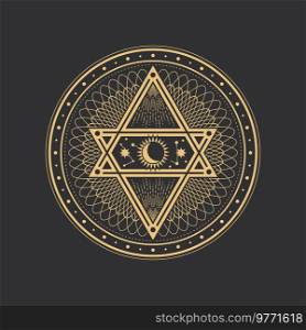 Tarot pentagram, moon, sun and star symbols, mystic magic and alchemy, vector occult sign. Esoteric circle with pyramid pentagram, sacred geometry sign of occult and magic tarot. Tarot pentagram, moon, sun and star magic symbols