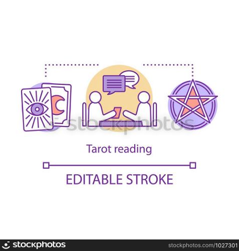 Tarot reading concept icon. Fortune telling, divination and cartomancy idea thin line illustration. Oracle with client, pentagram and clairvoyant cards vector isolated outline drawing. Editable stroke