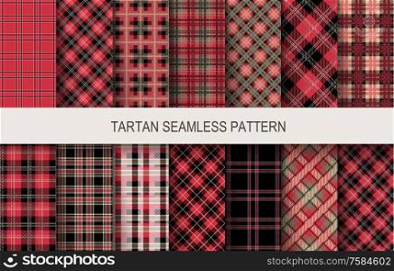 Tartan seamless patterns in red and black colors. Vector illustration