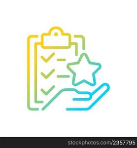 Task bonus gradient linear vector icon. Awards points for completing action. Incentive wage payment. Employee reward. Thin line color symbol. Modern style pictogram. Vector isolated outline drawing. Task bonus gradient linear vector icon