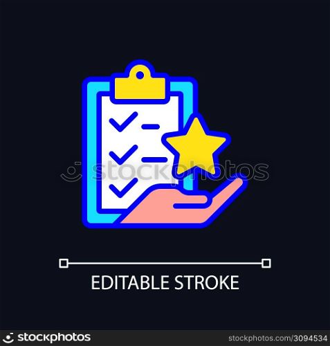 Task bonus pixel perfect RGB color icon for dark theme. Awards points for completing action. Incentive payment. Simple filled line drawing on night mode background. Editable stroke. Arial font used. Task bonus pixel perfect RGB color icon for dark theme